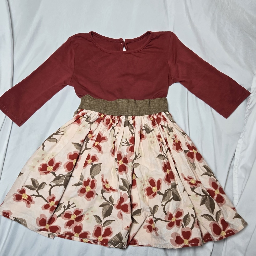 Persnickety Girls 6 Dress Floral Brick Red Tie Back Flare Skirt Modest Cottage‎
